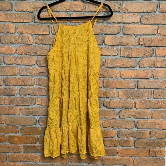 Lucky Brand Irving & Fine Floral‎ Embroidered Tiered Boho Mini Dress Yellow - M - Picture 4 of 6